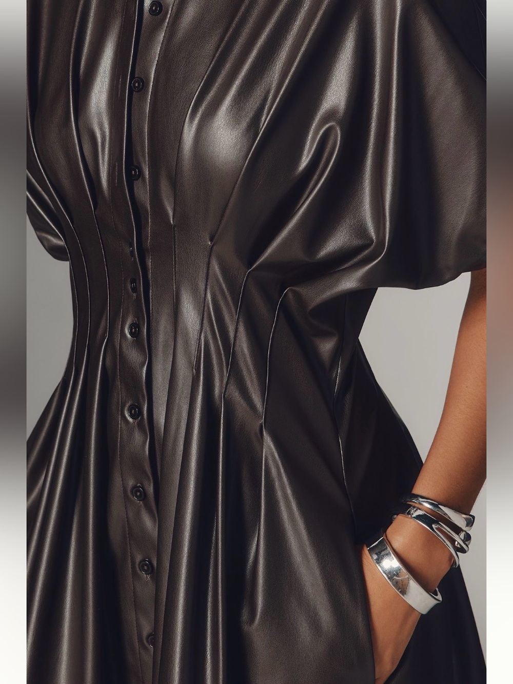 Anthropologie Western Glam Exquise Faux Leather Mini Shirt Dress NWT M Brown - Picture 4 of 10
